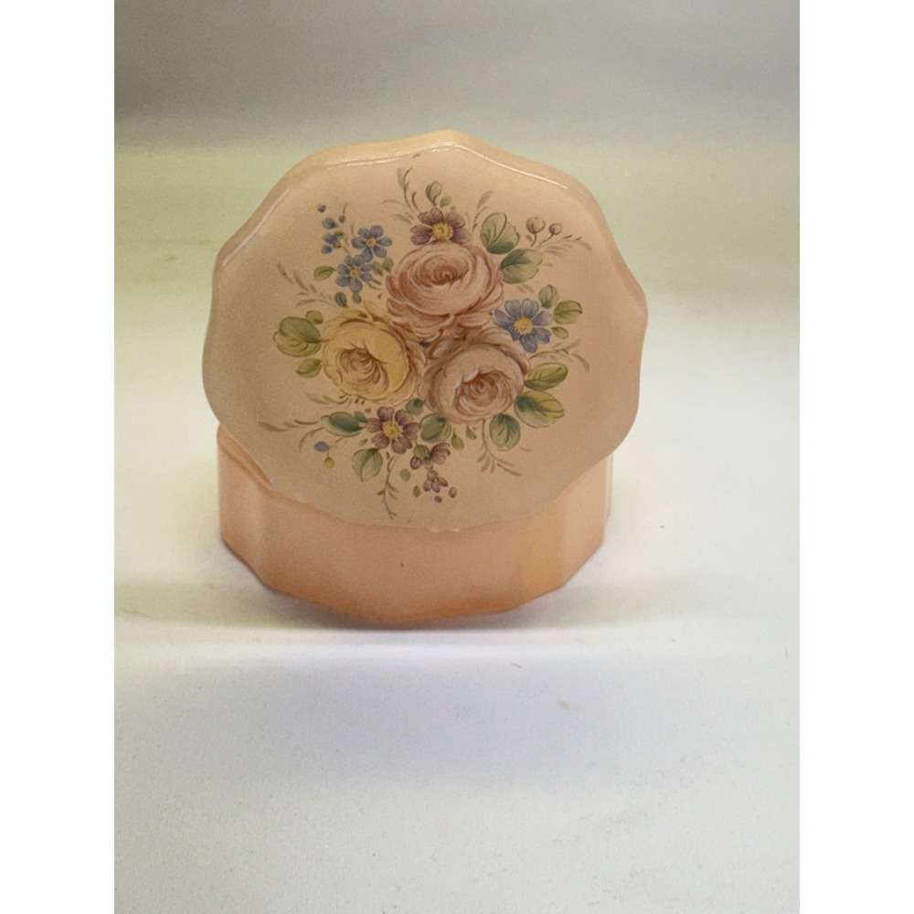 Vintage Pink Alabaster Stone Hinged Trinket Jewelry Box With Flowers Italy - Picture 6 of 9
